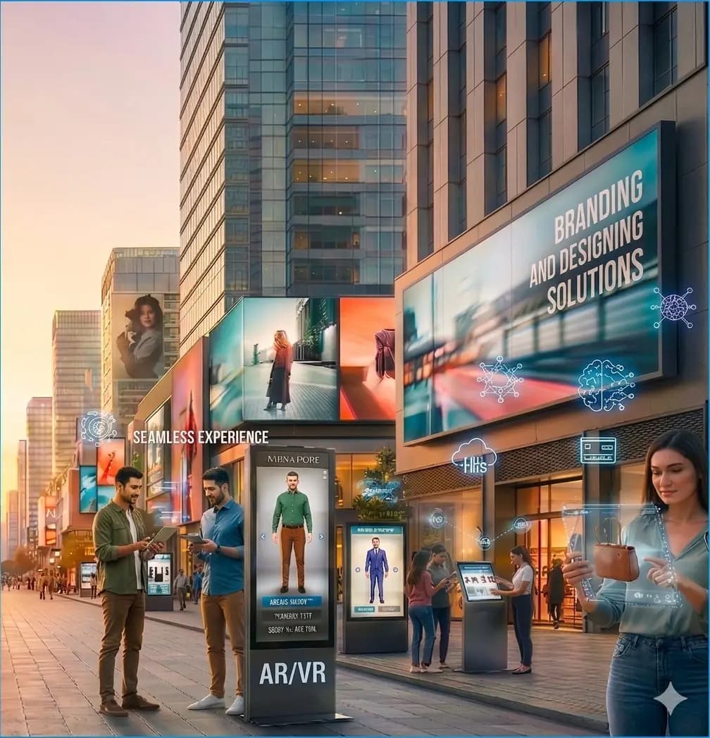 Digital retail street with AR-enabled displays and interactive commerce kiosks