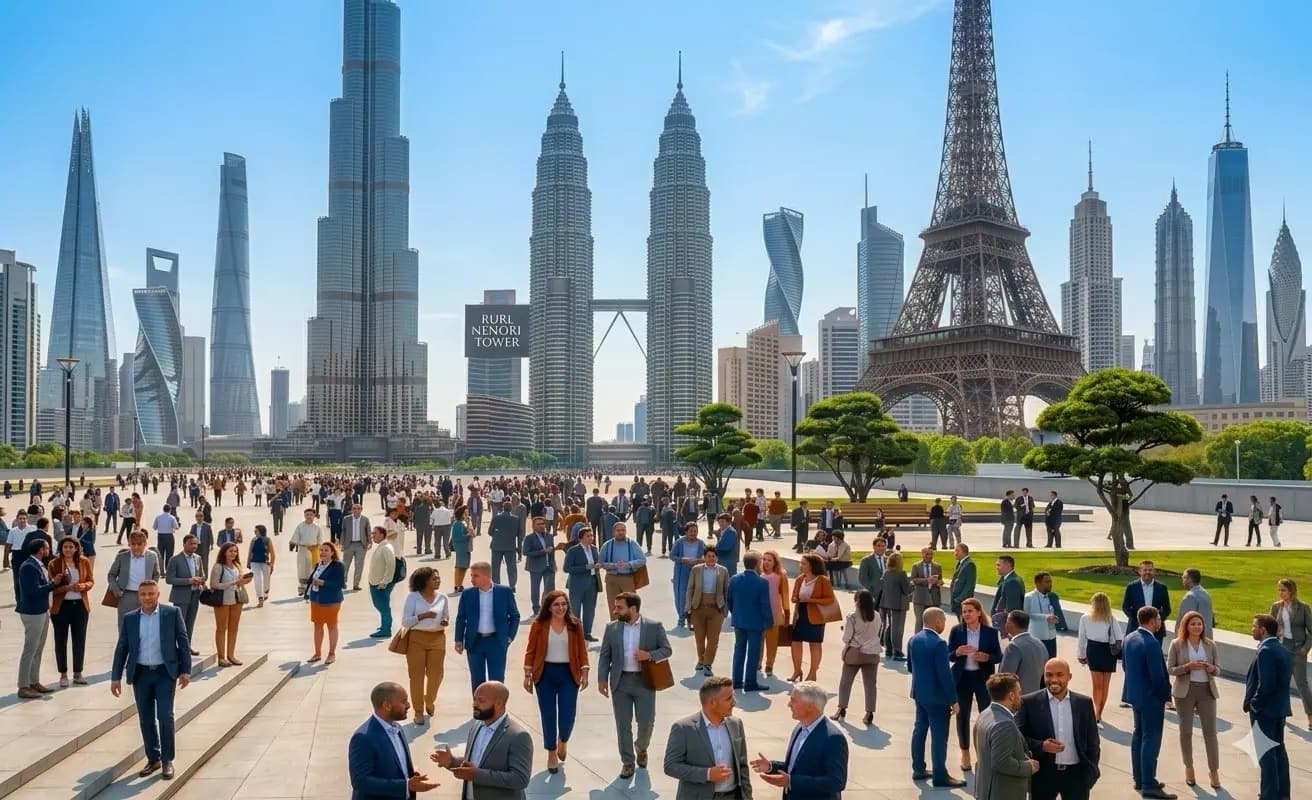 Business professionals meeting in a plaza framed by landmark towers from major world markets