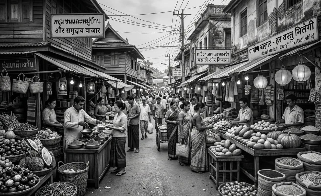 Traders and shoppers along a bustling South Asian market street lined with grocery and spice stalls