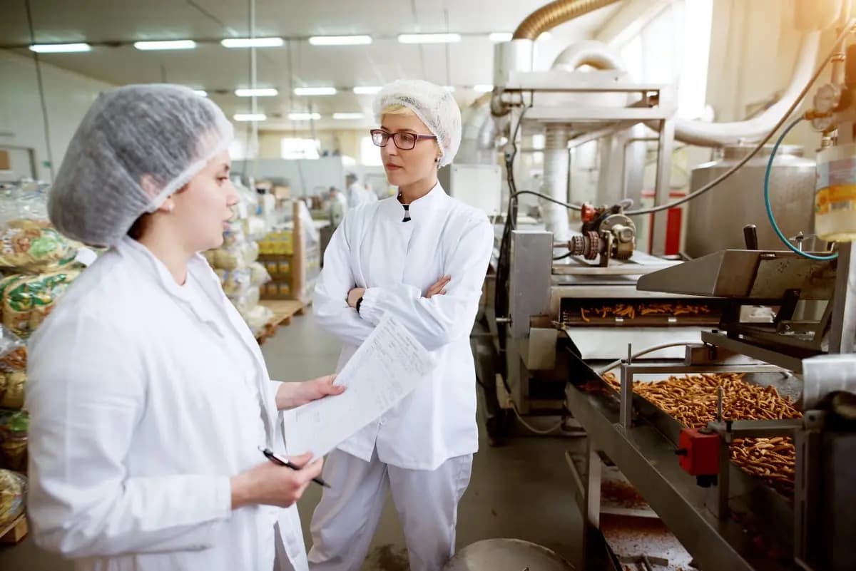 Quality supervisor reviewing output on a food production line