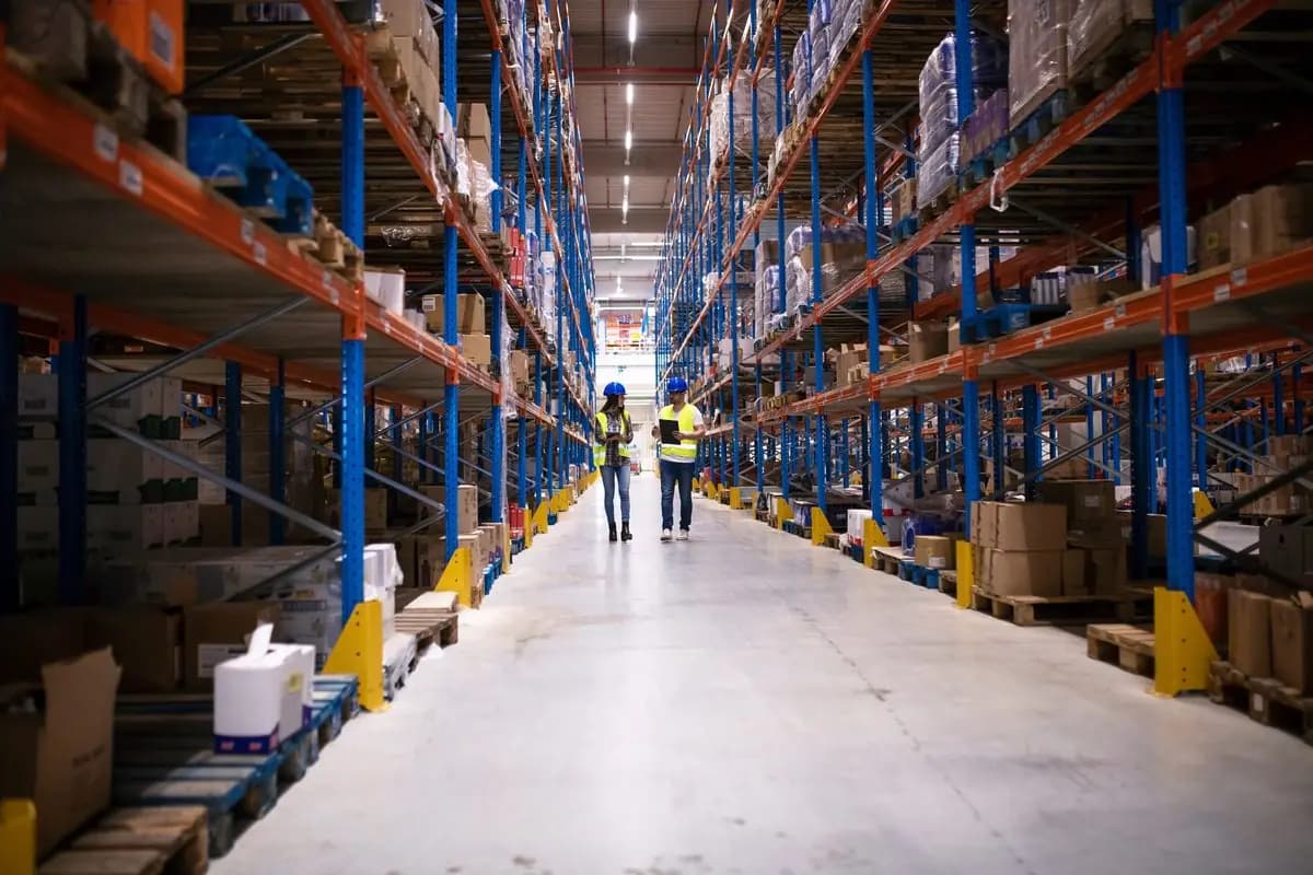 Warehouse team walking through a large distribution centre