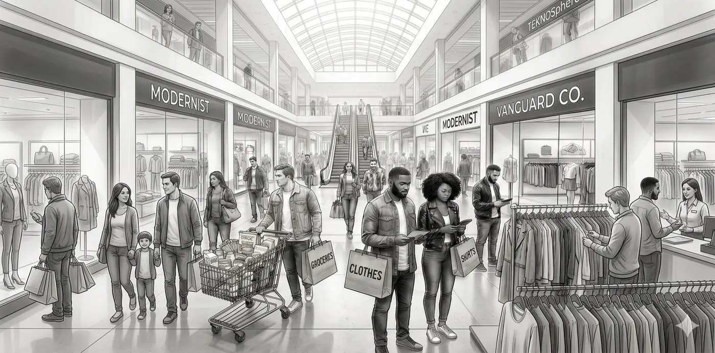 Shoppers moving through a modern multi-brand retail environment